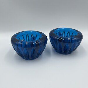 Stunning Pair Viking Glass Blue Diamond Ribbed Candleholders Vintage